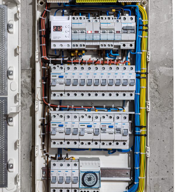 Switchboard with many switches and fiber optic cables. Voltage switchboard with circuit breakers are in the ON and OF positions in the big electric box for electrical distribution panel, and temporary electric cables are switched.